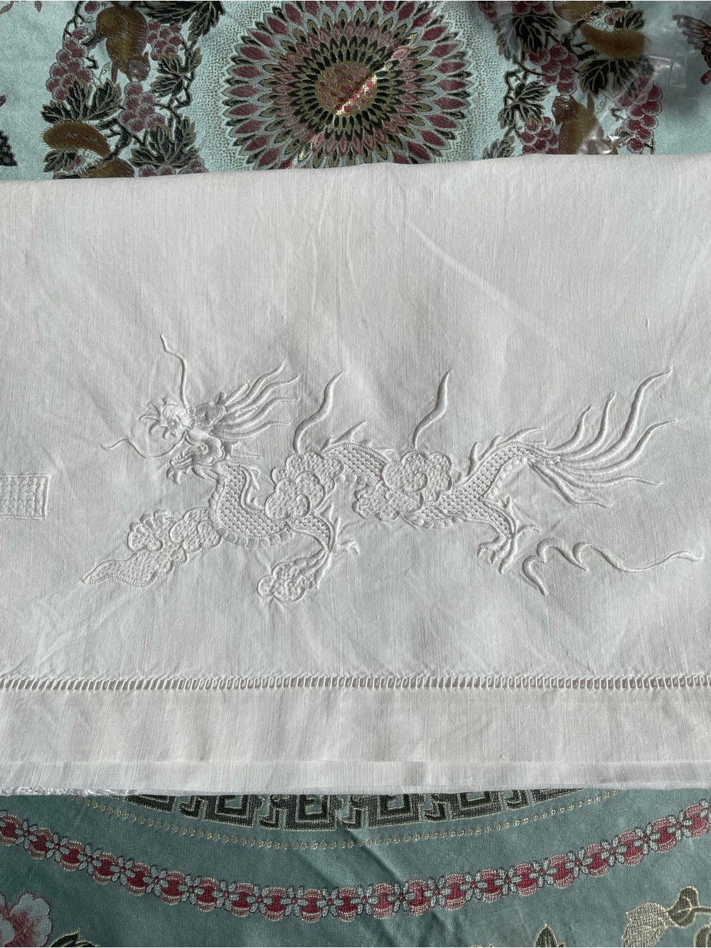 Antique White Hand Embroidered Chinese Dragon Linen Ivory White Tablecloth